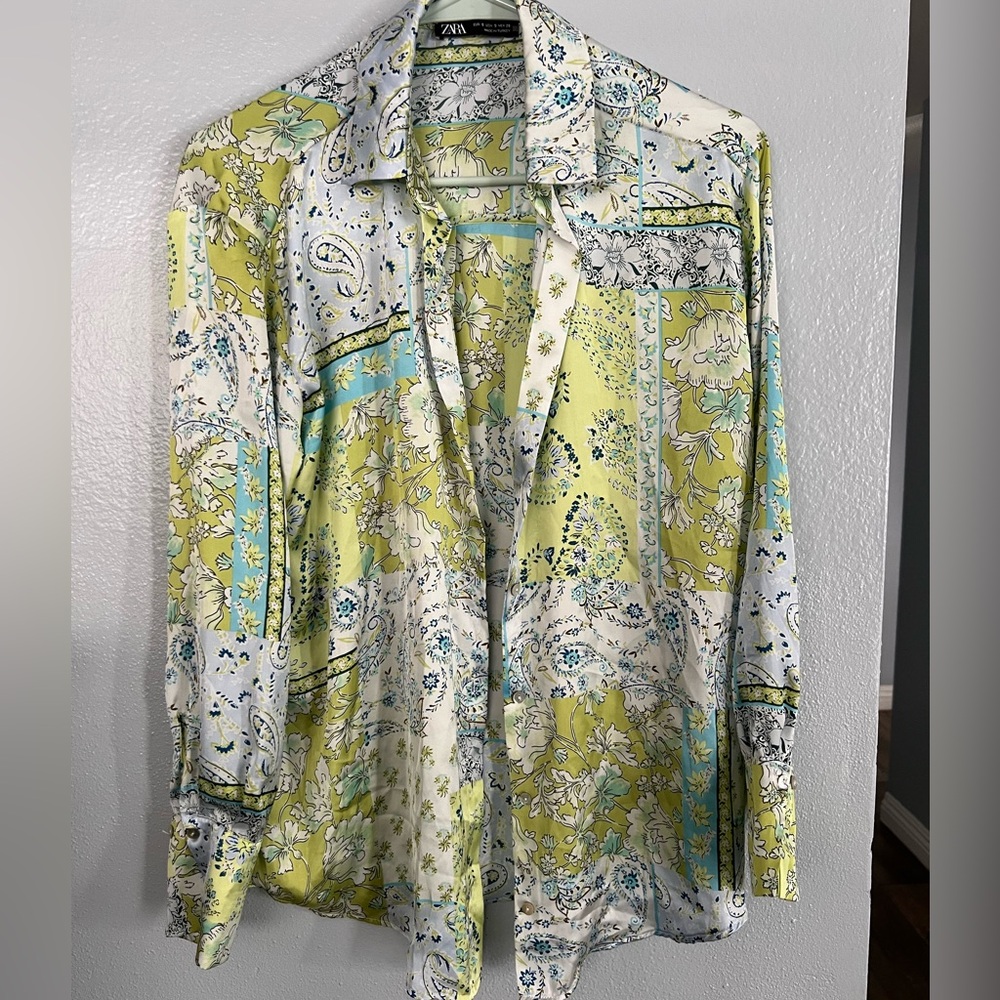 Zara Satin Paisley Patchwork Top Womens Small Button Front Green Blue